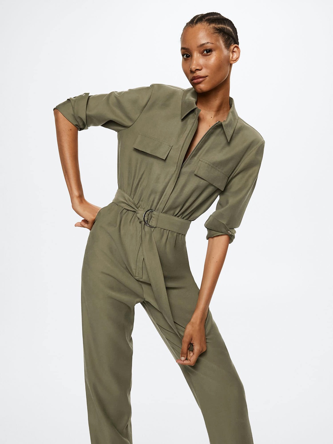 

MANGO Olive Green Solid Sustainable Basic Jumpsuit