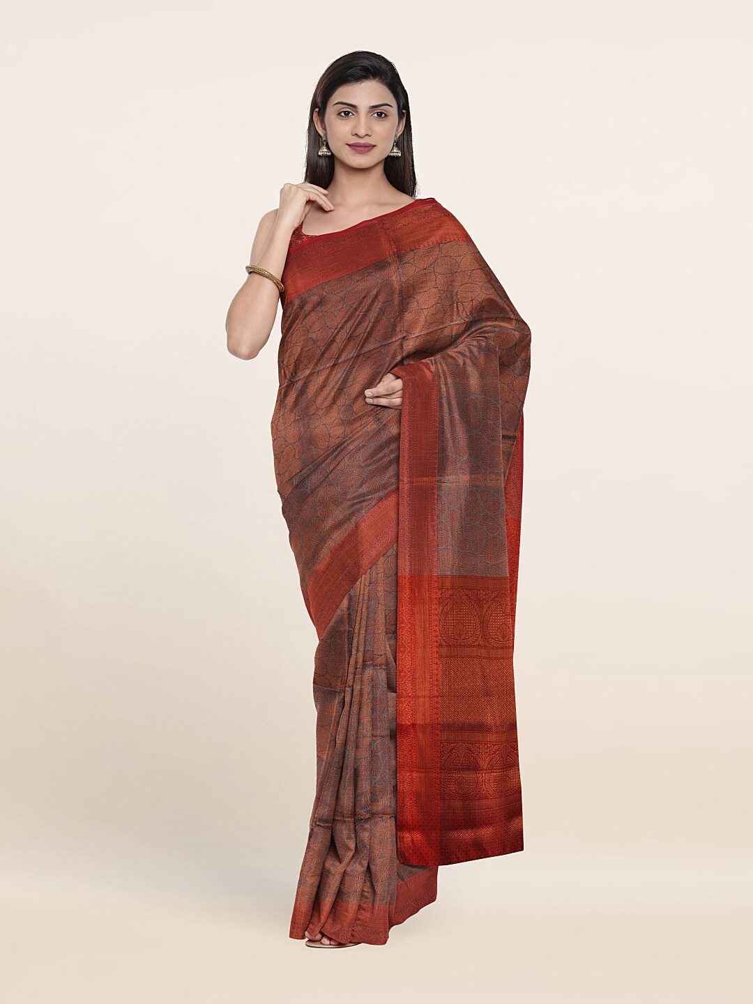 

Pothys Bronze-Toned & Maroon Ethnic Motifs Zari Art Silk Saree