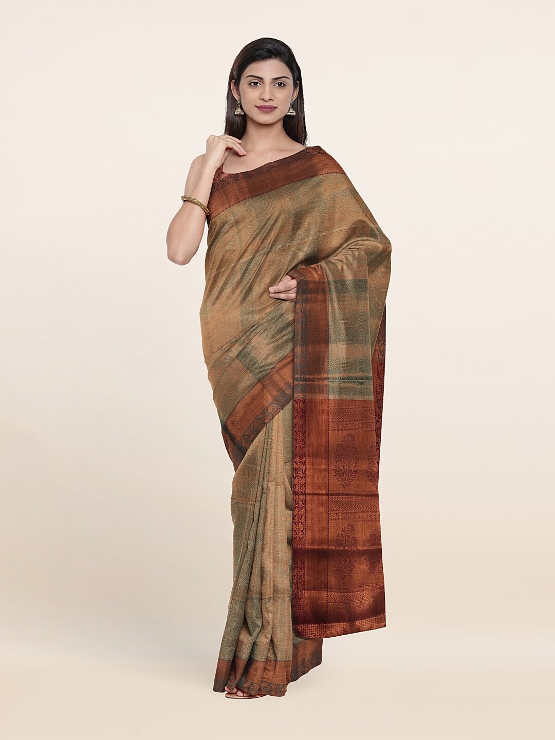 

Pothys Green & Copper-Toned Woven Design Art Silk Saree