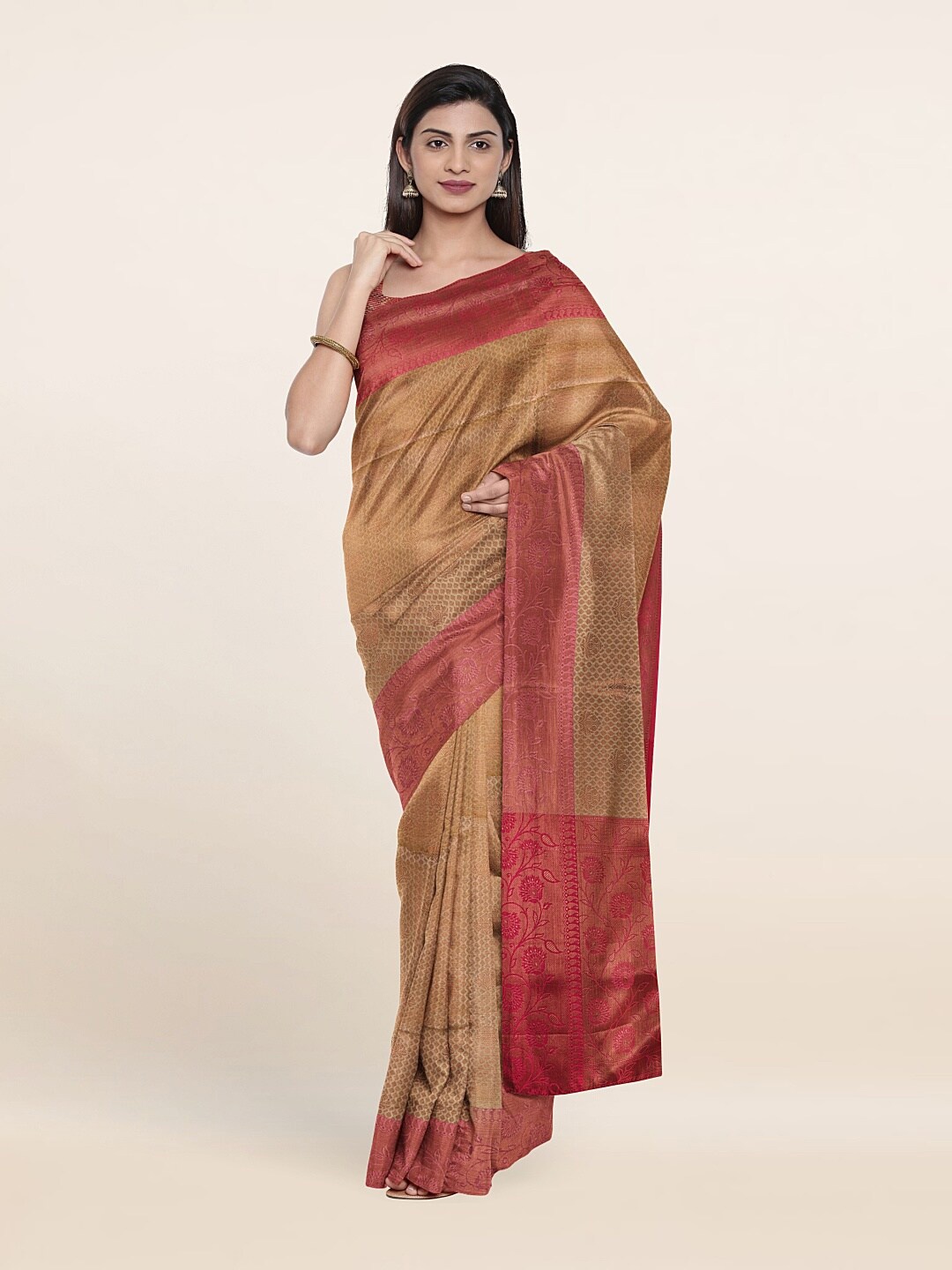 

Pothys Cream-Coloured & Pink Floral Zari Art Silk Saree