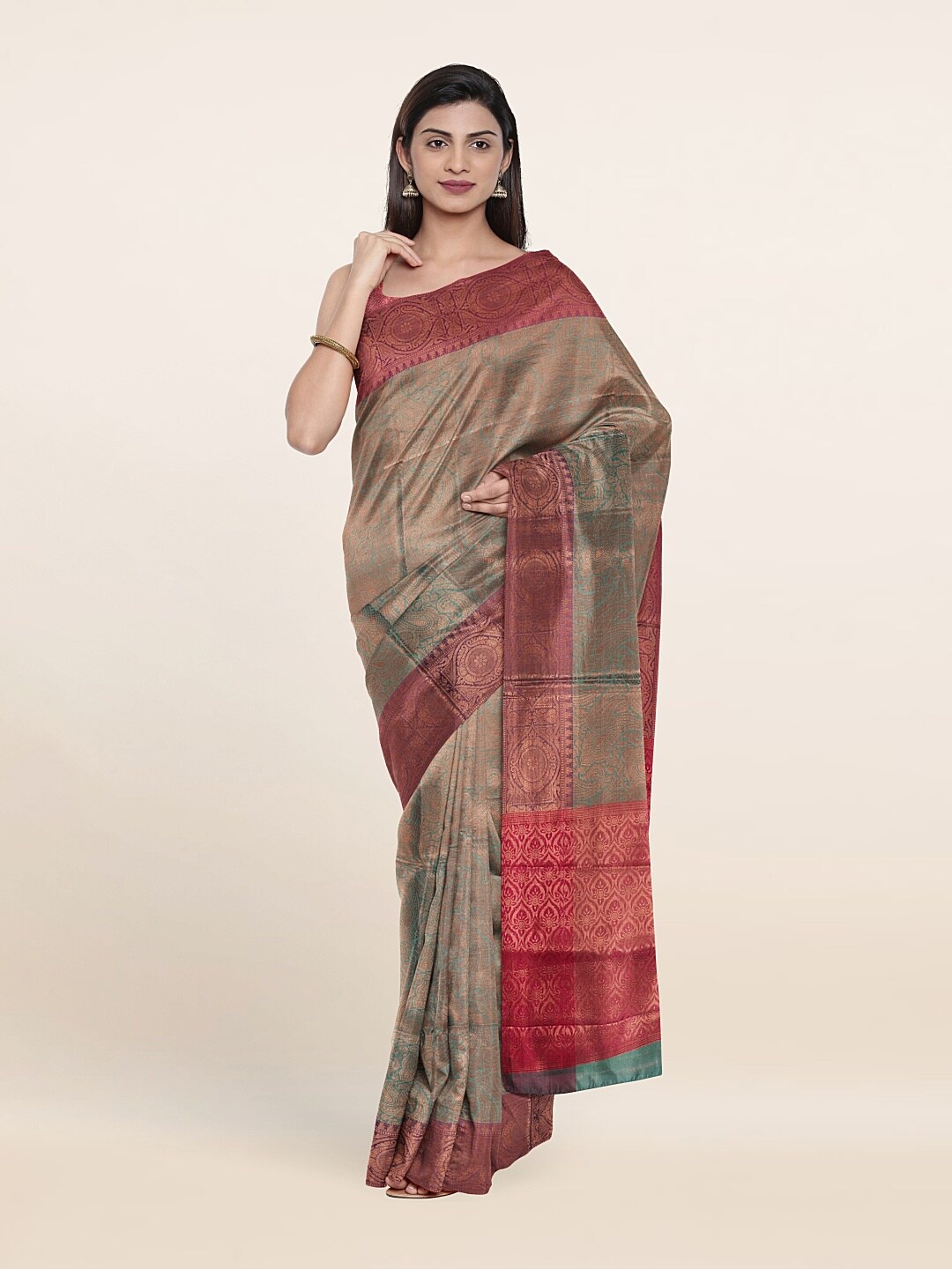 

Pothys Copper-Toned & Green Woven Design Zari Art Silk Saree