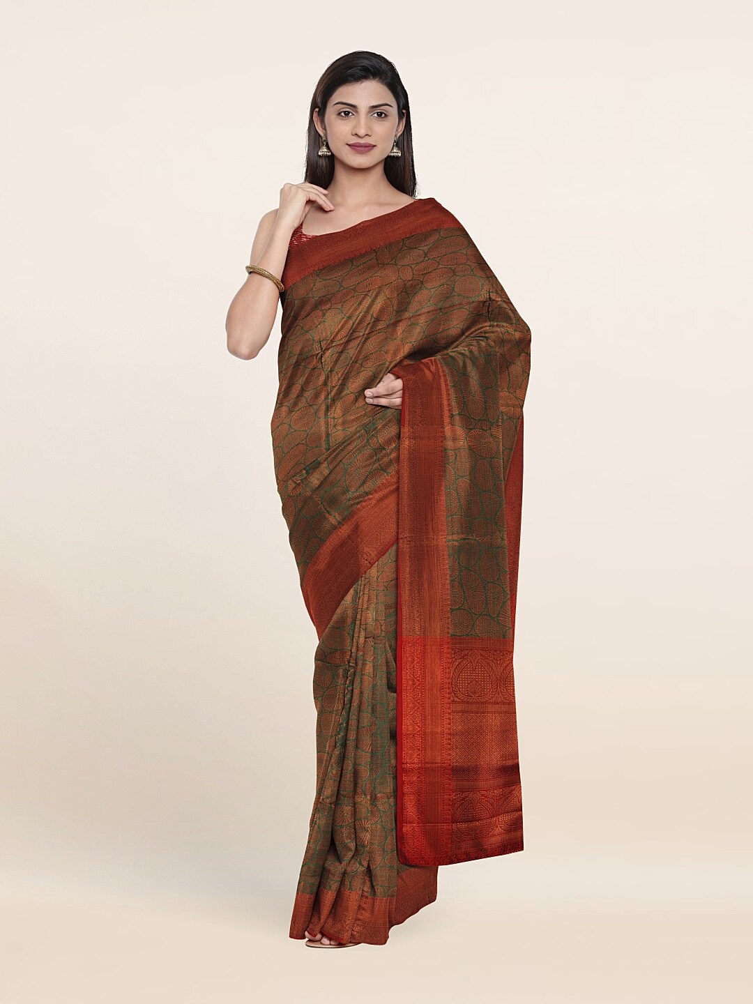 

Pothys Green & Red Ethnic Motifs Zari Art Silk Saree