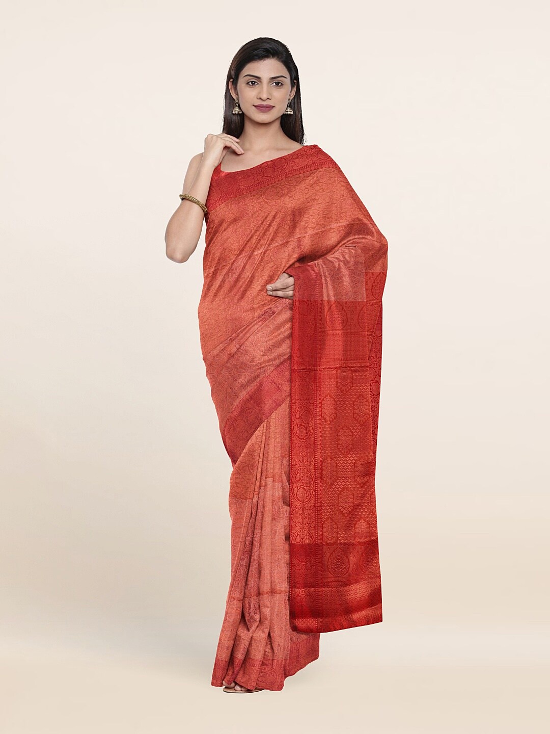 

Pothys Peach-Coloured & Copper-Toned Floral Zari Art Silk Saree