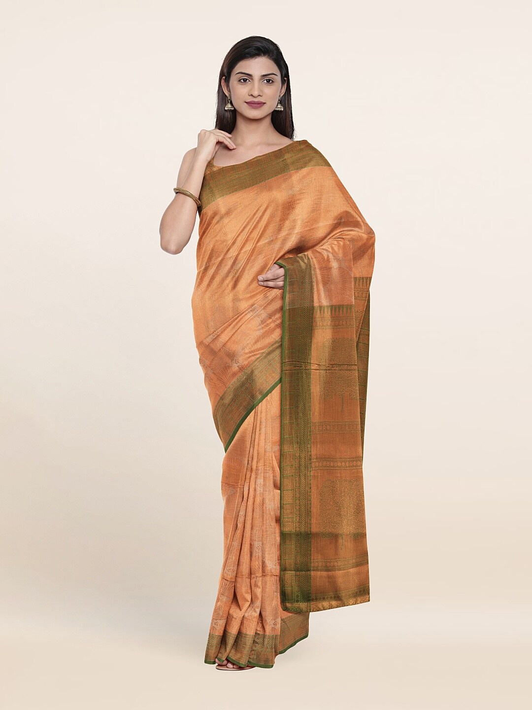 

Pothys Cream-Coloured & Green Woven Design Zari Art Silk Saree