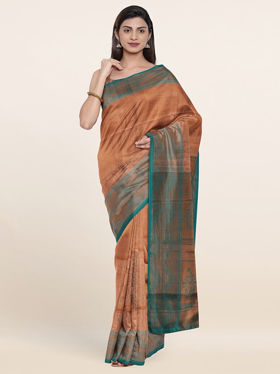 

Pothys Cream-Coloured & Green Woven Design Zari Art Silk Saree