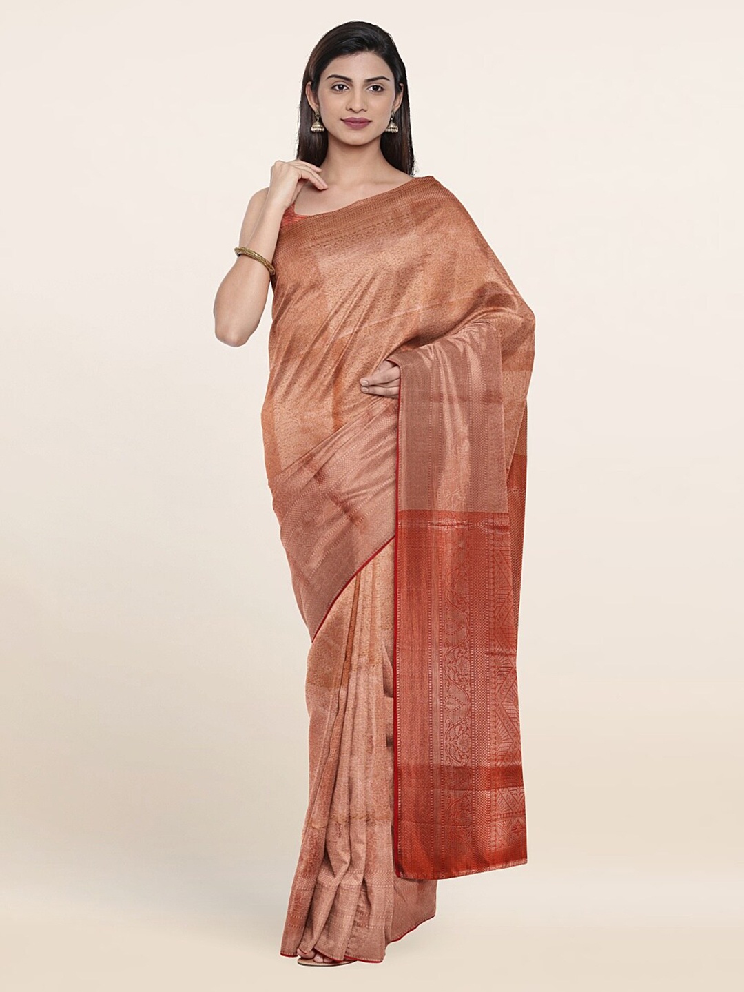 

Pothys Cream-Coloured & Orange Ethnic Motifs Zari Art Silk Saree