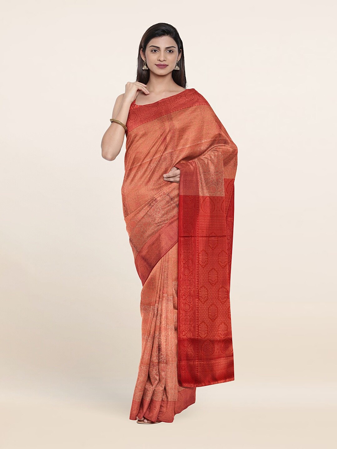 

Pothys Cream-Coloured & Red Floral Zari Art Silk Saree