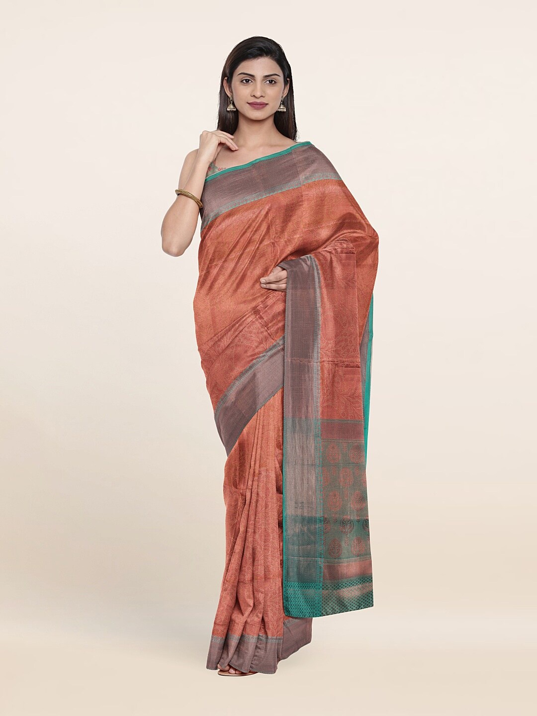 

Pothys Peach-Coloured & Blue Woven Design Zari Art Silk Saree