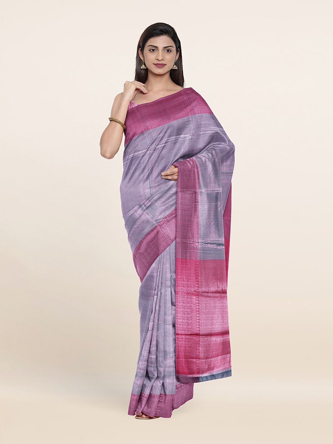 

Pothys Blue & Pink Ethnic Motifs Zari Brocade Saree