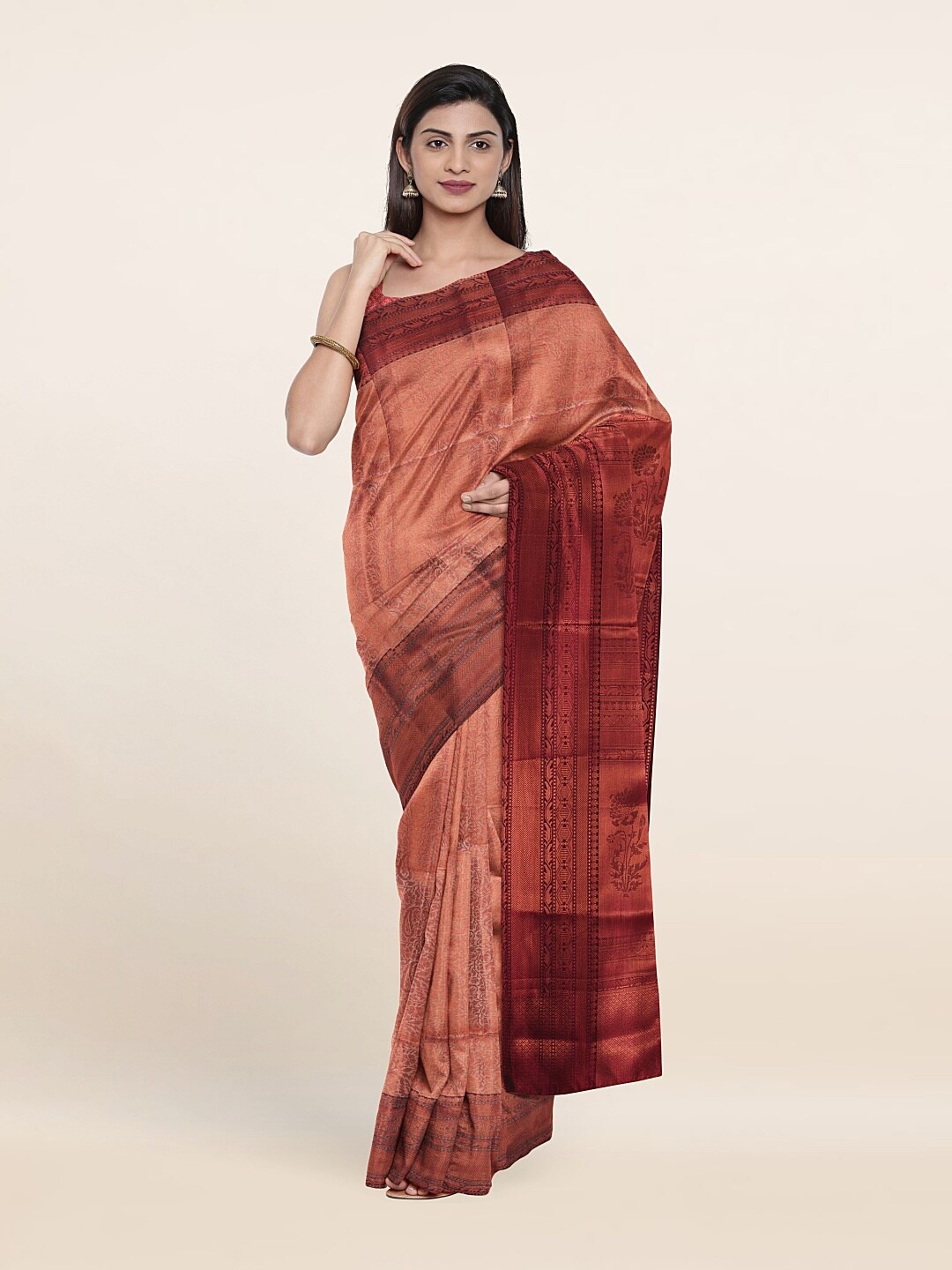 

Pothys Cream-Coloured & Copper-Toned Woven Design Zari Art Silk Saree