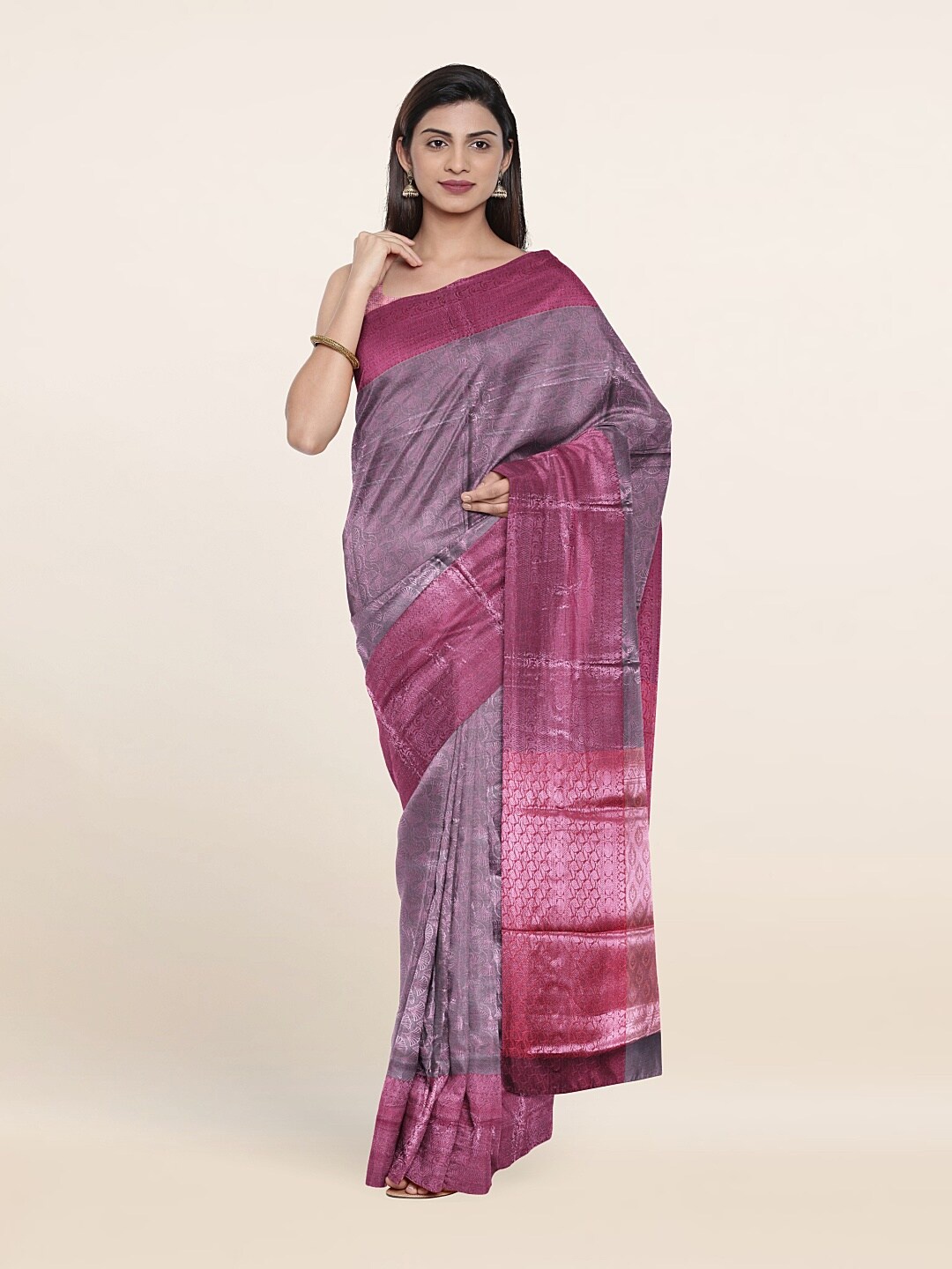 

Pothys Grey & Magenta Ethnic Motifs Zari Brocade Saree