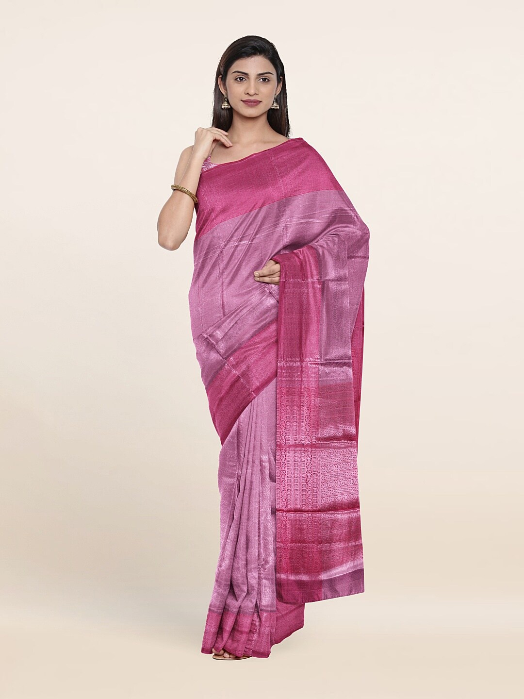 

Pothys Pink & Silver-Toned Floral Zari Brocade Saree