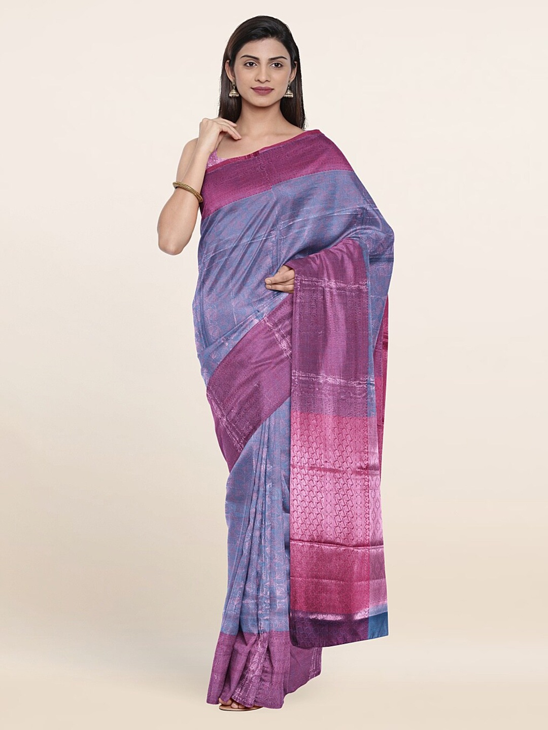 

Pothys Blue & Silver-Toned Woven Design Zari Brocade Saree