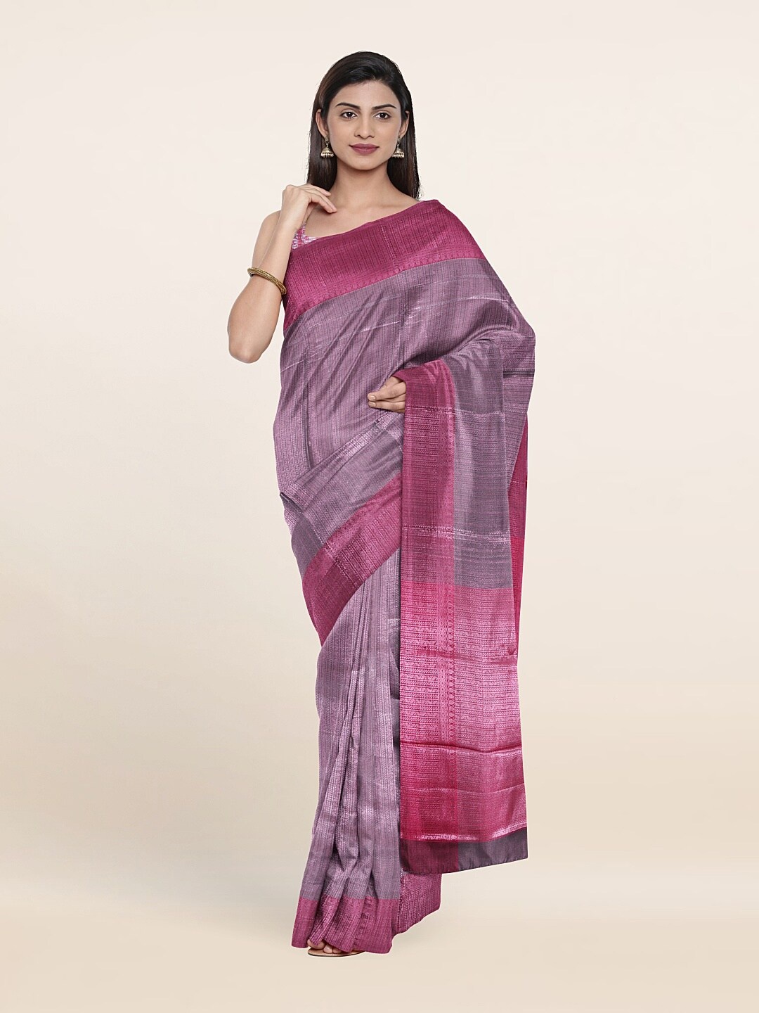 

Pothys Grey & Silver-Toned Woven Design Zari Brocade Saree