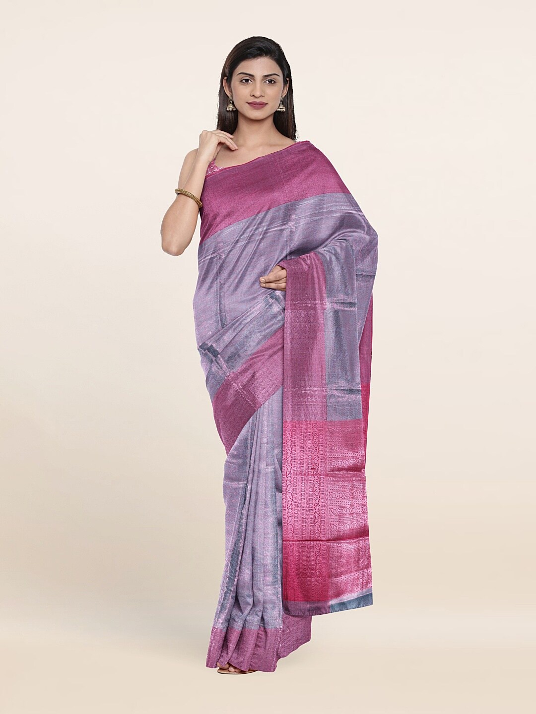 

Pothys Lavender & Pink Woven Design Zari Brocade Saree
