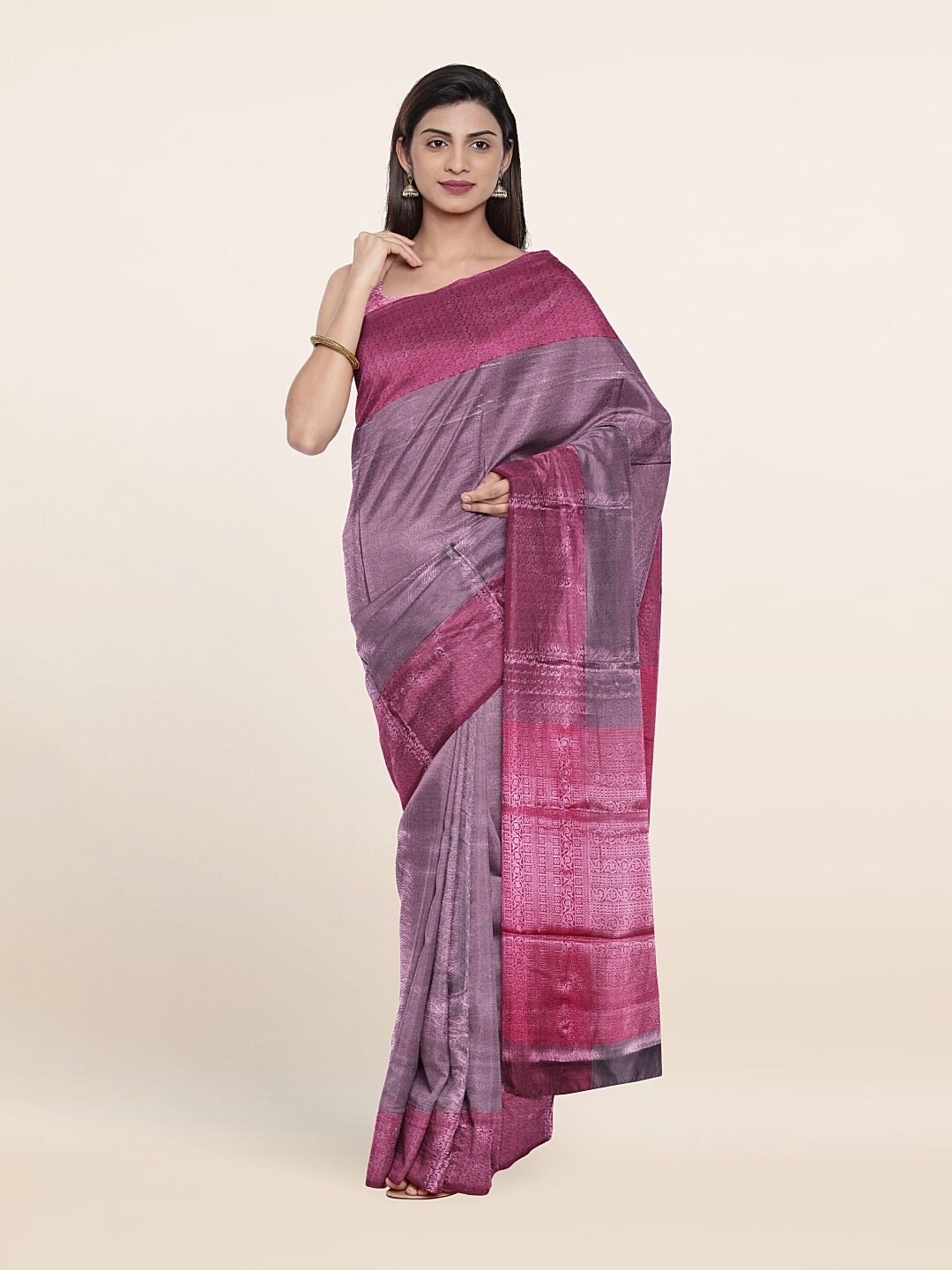 

Pothys Grey & Purple Ethnic Motifs Zari Brocade Saree