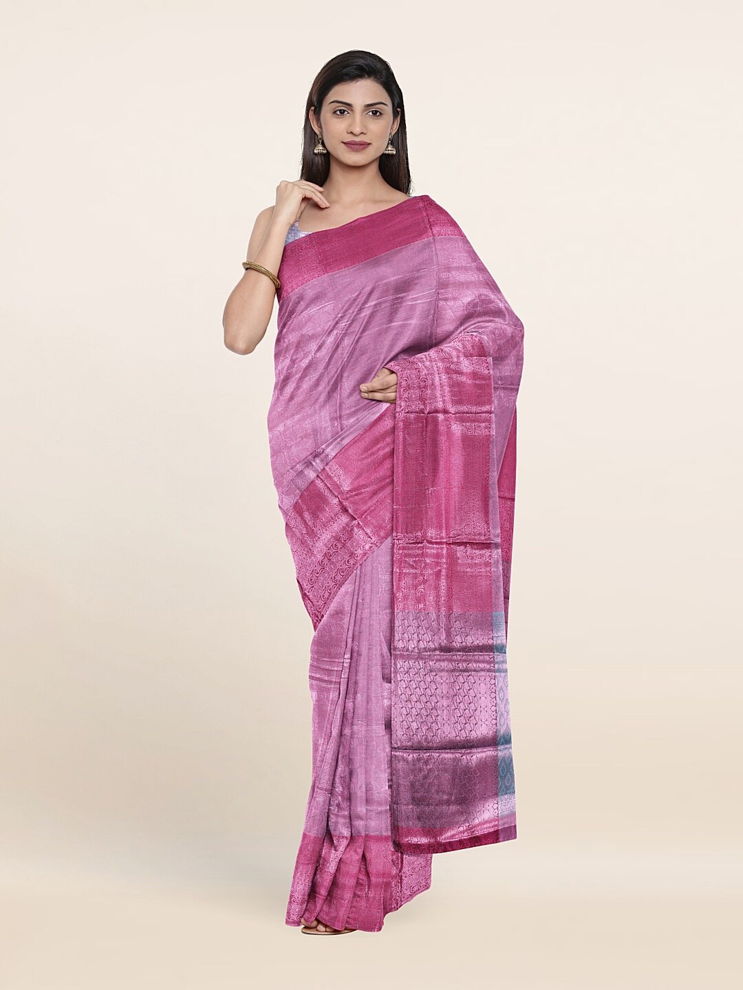 

Pothys Pink & Silver-Toned Woven Design Zari Brocade Saree