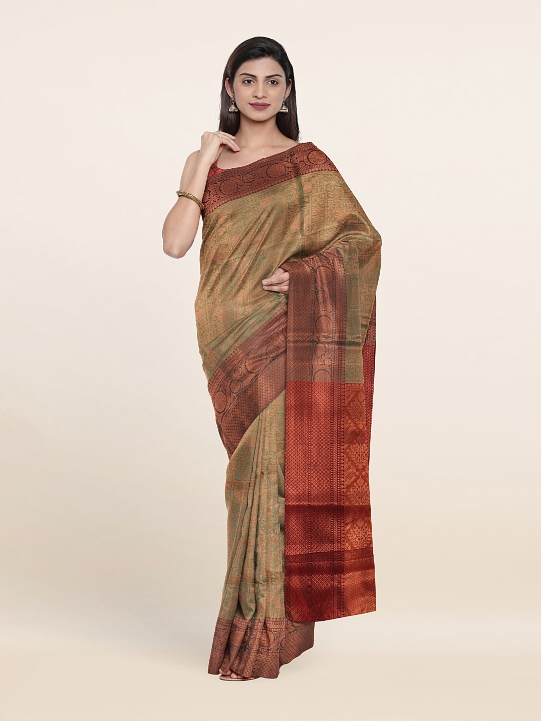 

Pothys Green & Copper-Toned Woven Design Art Silk Saree