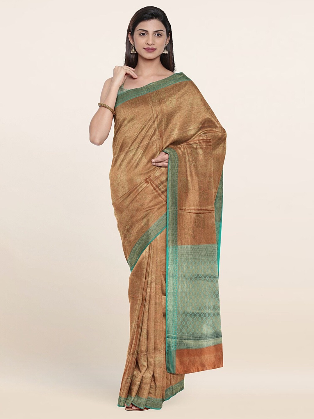 

Pothys Peach-Coloured & Copper-Toned Woven Design Zari Art Silk Saree