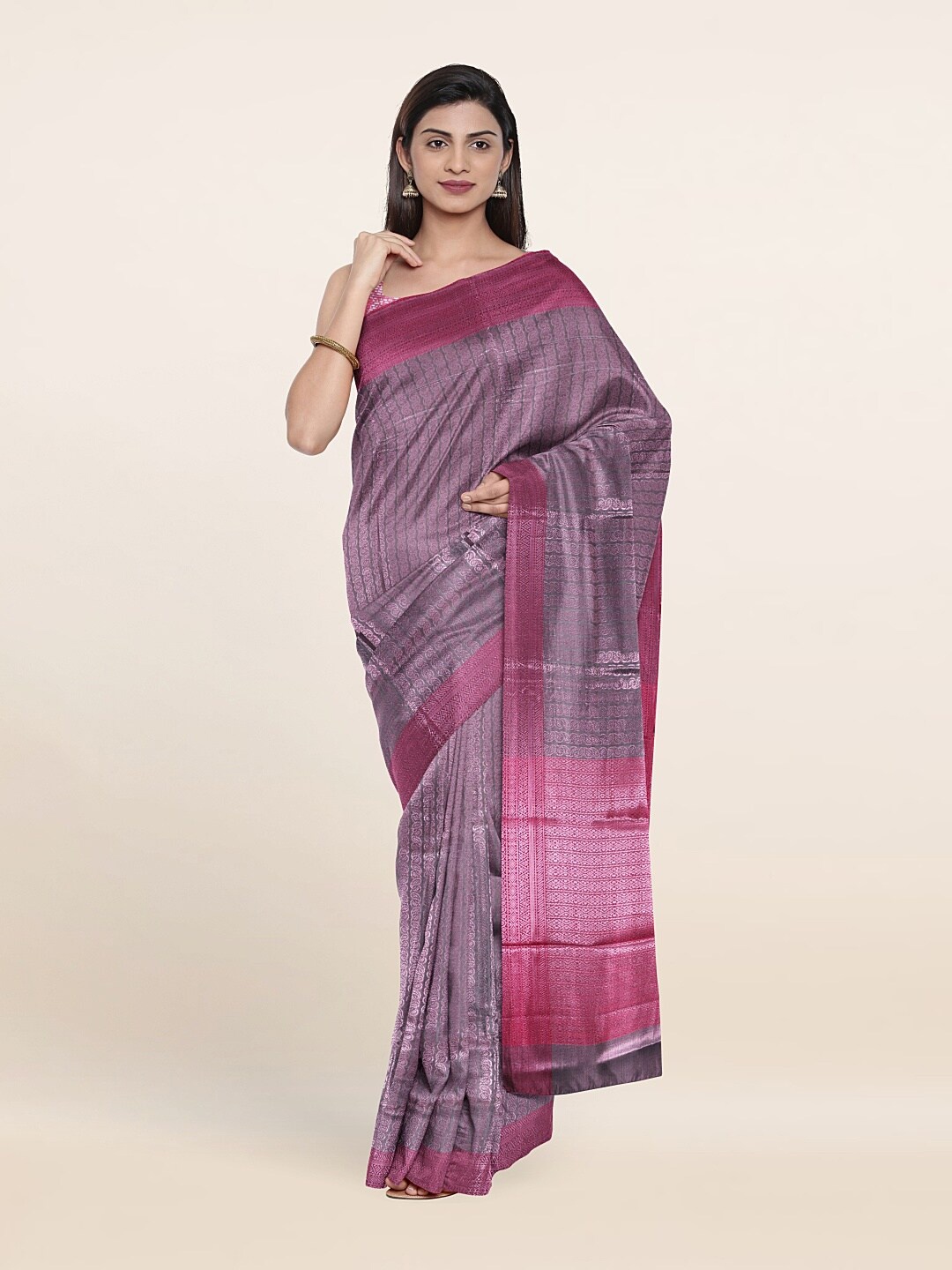 

Pothys Grey & Silver-Toned Woven Design Zari Brocade Saree