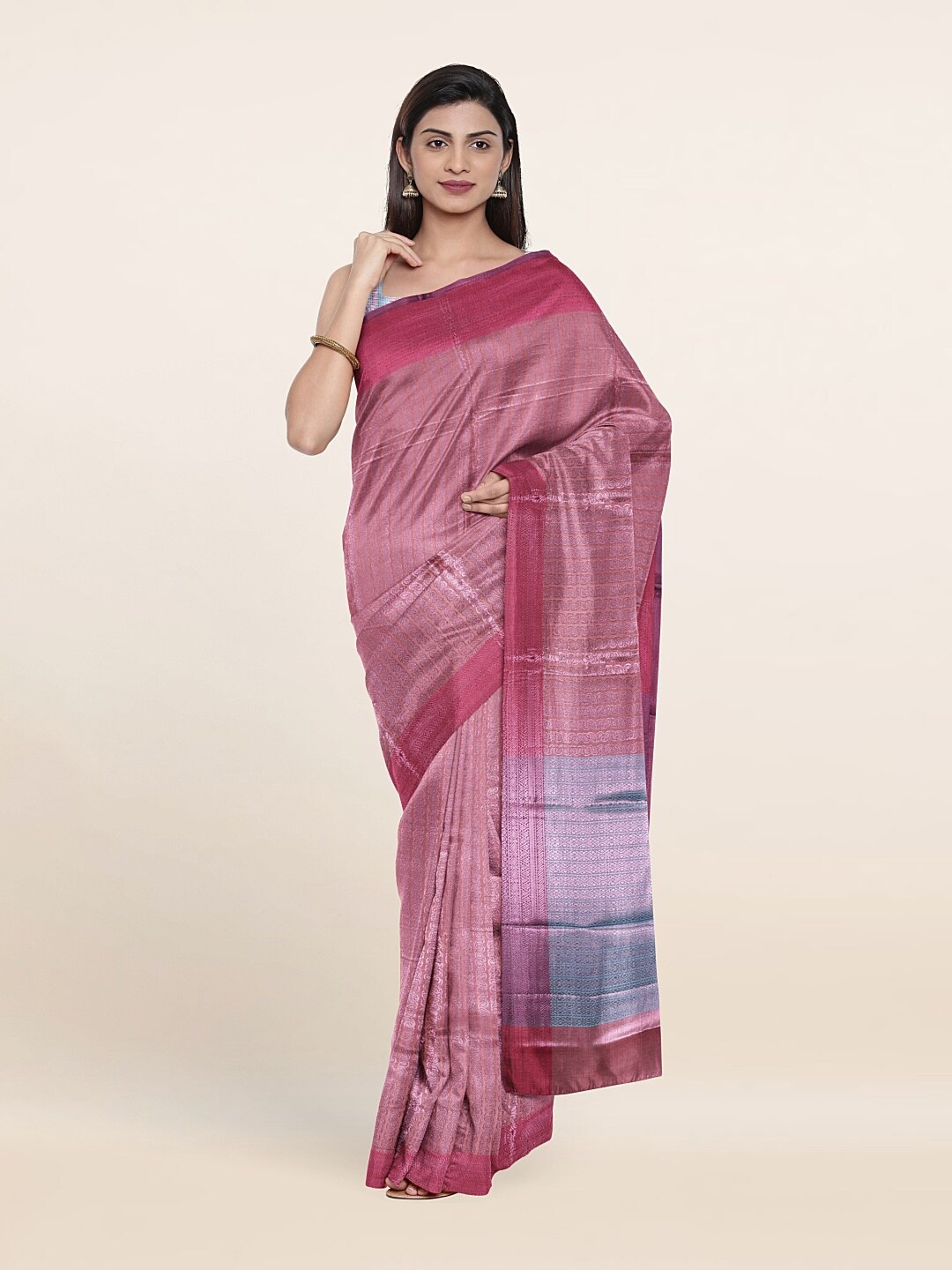 

Pothys Pink And Blue Woven Design Zari Brocade Saree