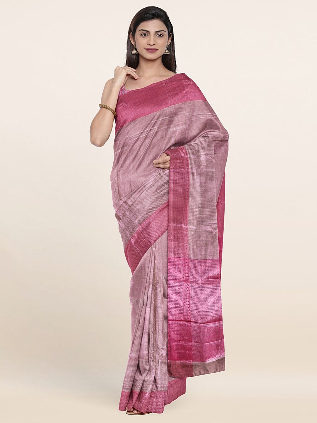 

Pothys Pink & Silver-Toned Woven Design Zari Brocade Saree