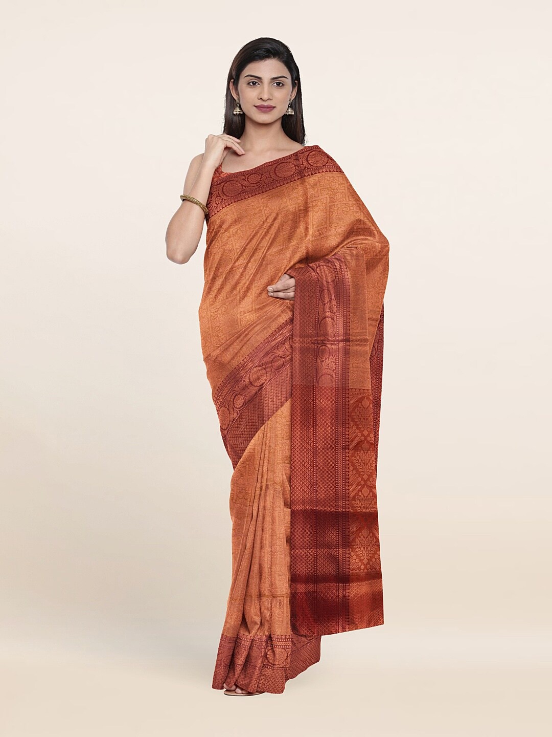 

Pothys Peach-Coloured & Copper-Toned Woven Design Zari Art Silk Saree