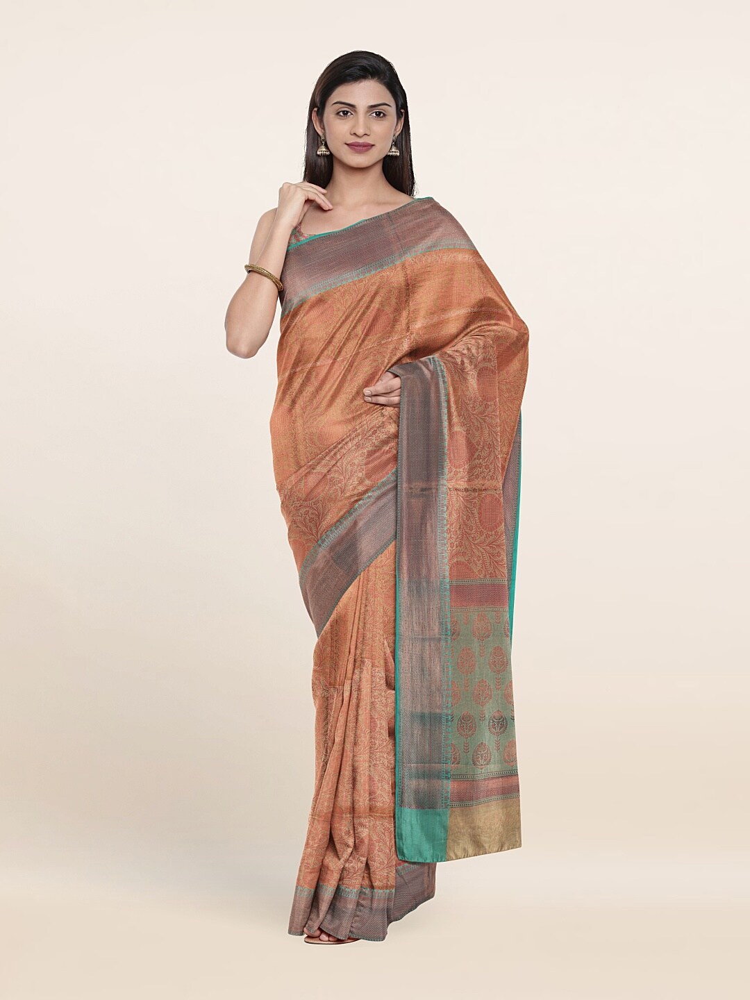 

Pothys Cream-Coloured & Copper-Toned Woven Design Art Silk Saree