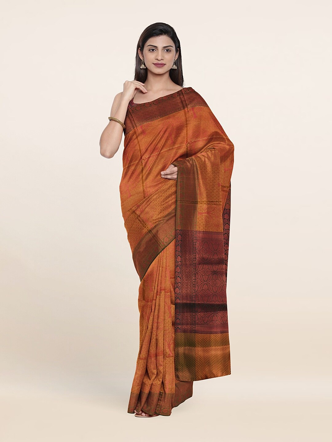 

Pothys Mustard & Brown Floral Zari Art Silk Saree