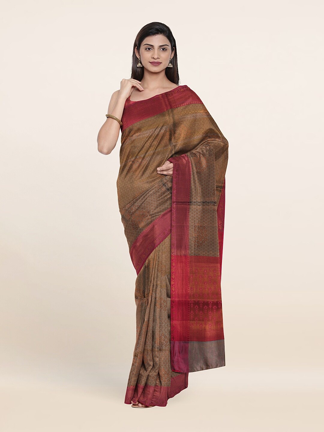 

Pothys Grey & Copper-Toned Floral Zari Art Silk Saree