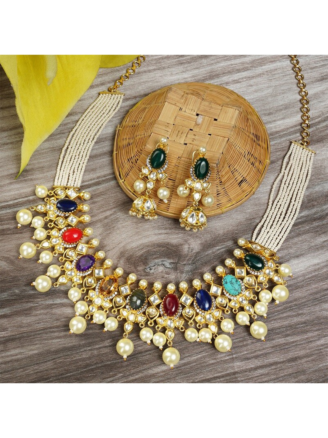 

AURAA TRENDS Gold Plated Red Kundan Polki Necklace Set