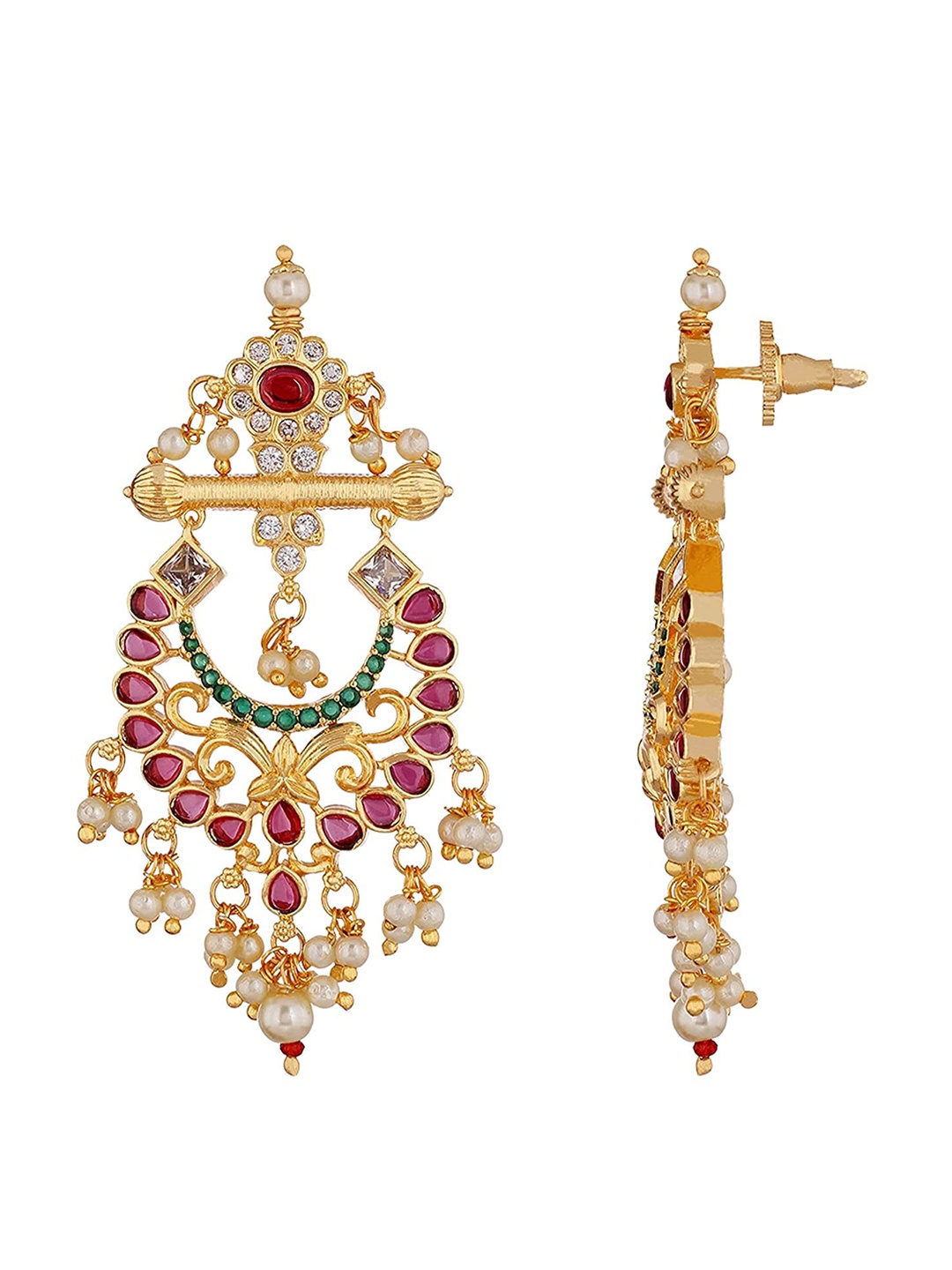 

Mallepula Gold-Plated CZ & Ruby Studded Classic Chandbalis Earrings