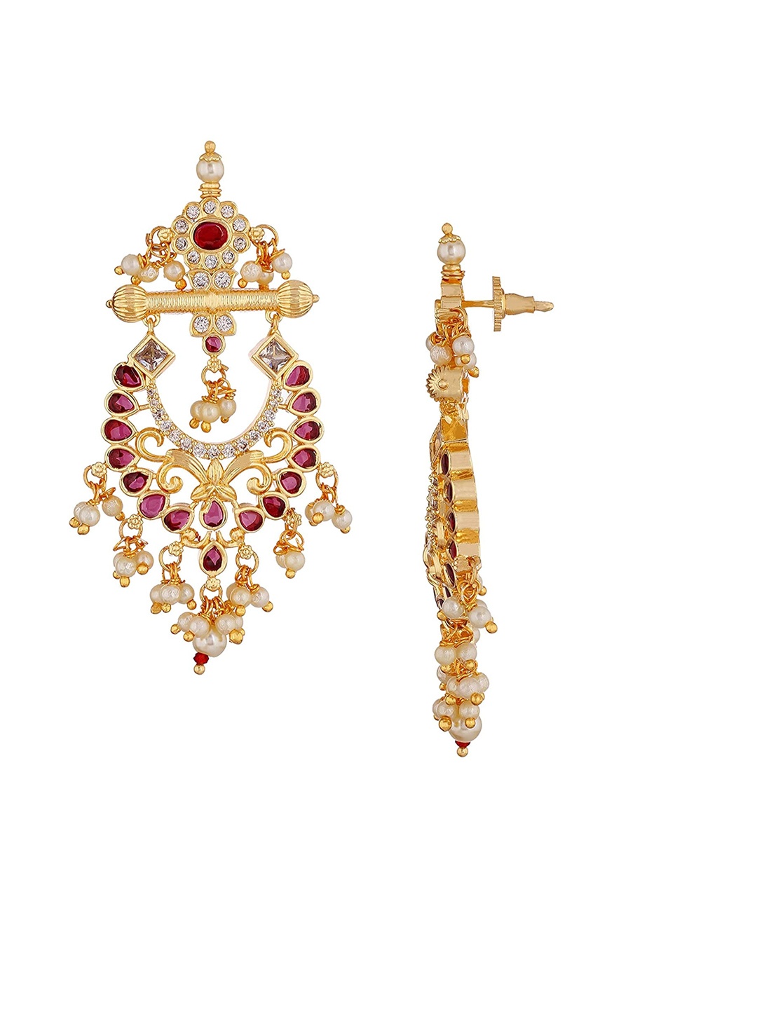 

Mallepula Gold-Plated CZ & Ruby Studded Classic Drop Earrings