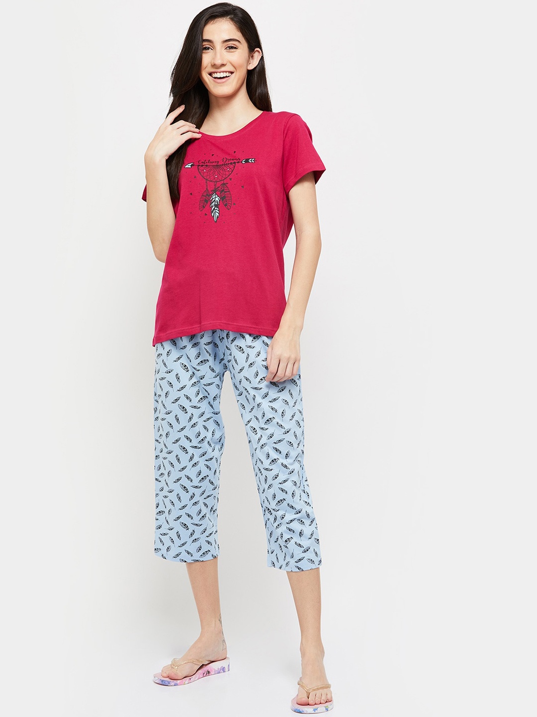 

max Women Fuchsia & Blue Printed Pure Cotton Night suit