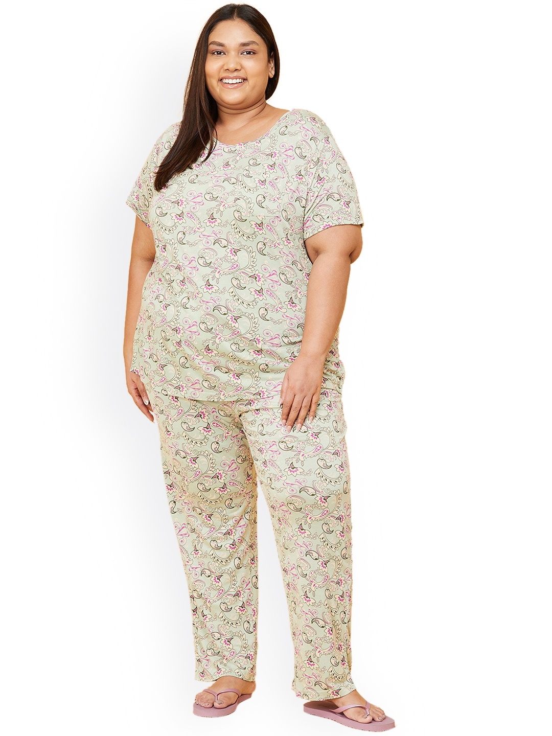 

max Women Plus Size Green And Pink Ethnic Motifs Printed Night suit