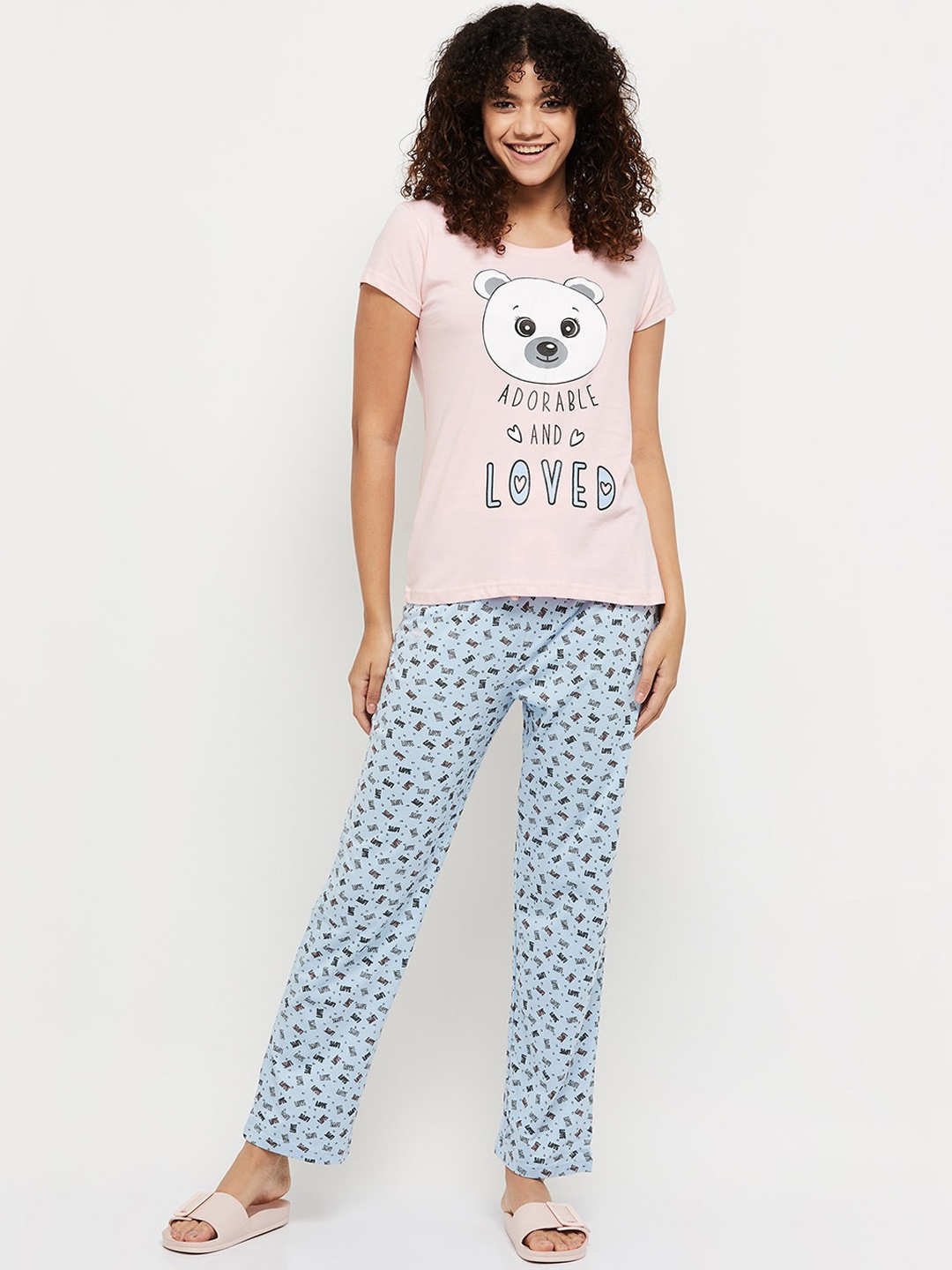 

max Women Printed Round Neck T-shirt with Elasticated Pyjamas, Pink