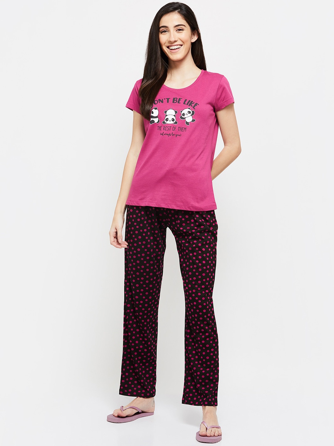 

max Women Pink & Black Pure Cotton Printed Night suit