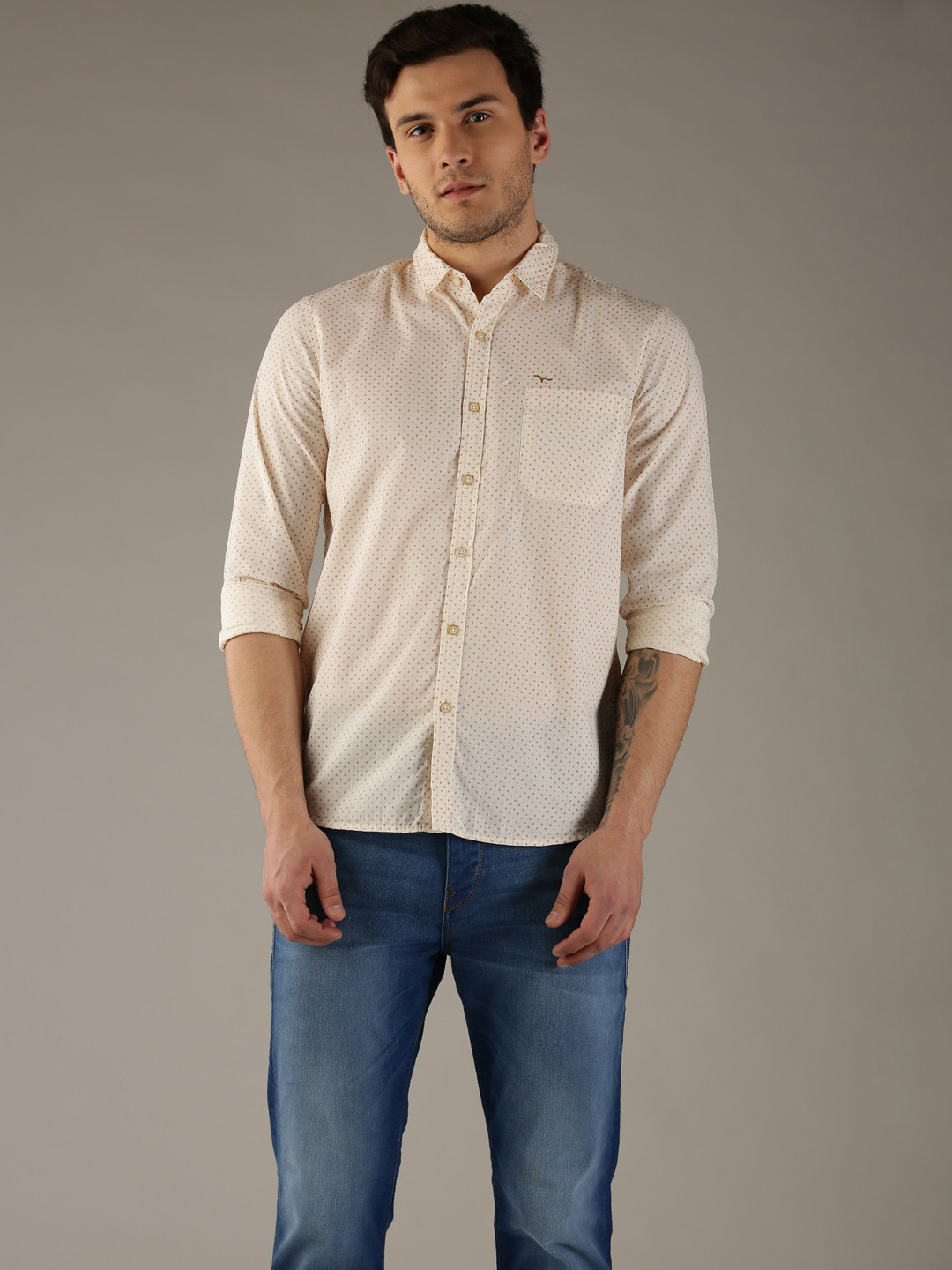 

Flying Machine Men Off-White Regular Fit Printed Casual Shirt