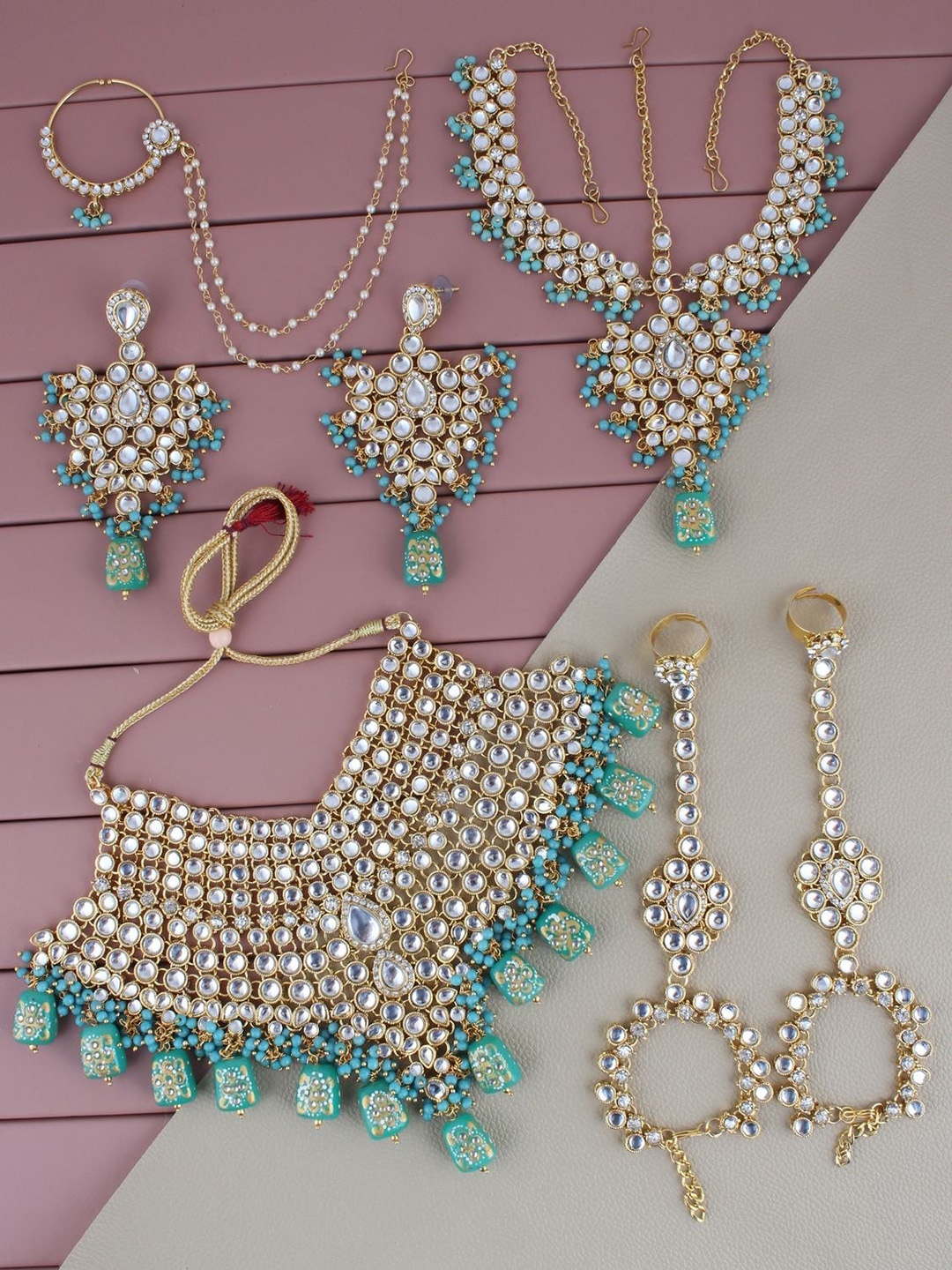 

LUCKY JEWELLERY Gold-Plated Kundan Studded & Beaded Choker Bridal Jewellery Set