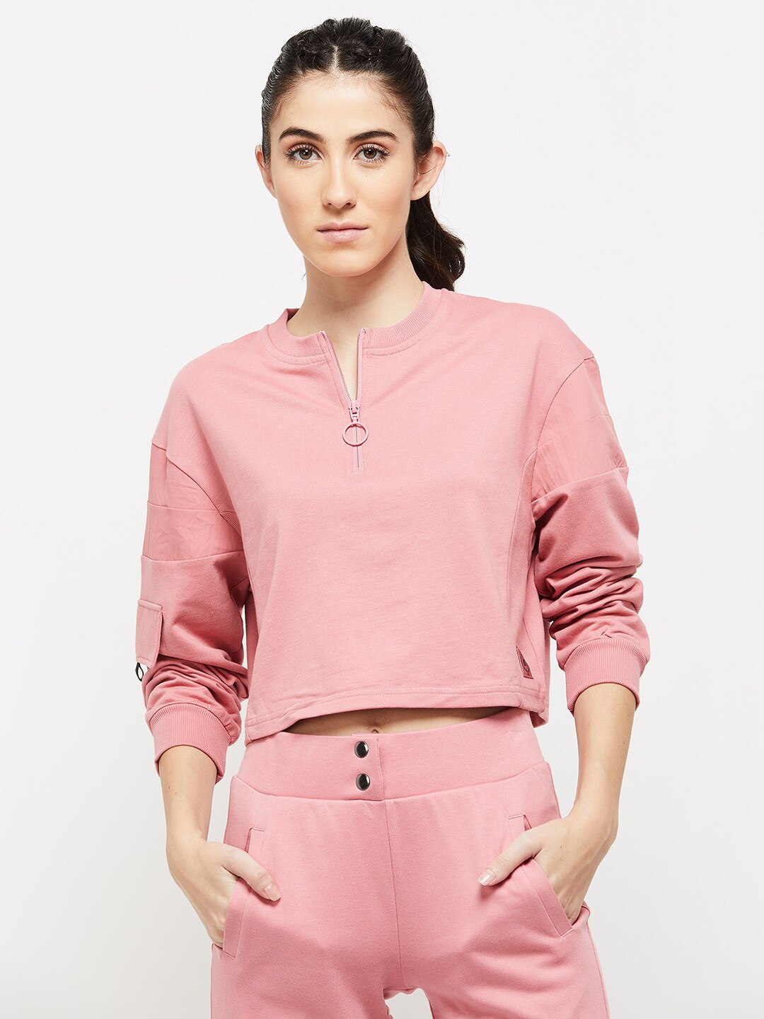 

max Women Pink Solid Cotton Long Sleeves Crop Sweatshirt