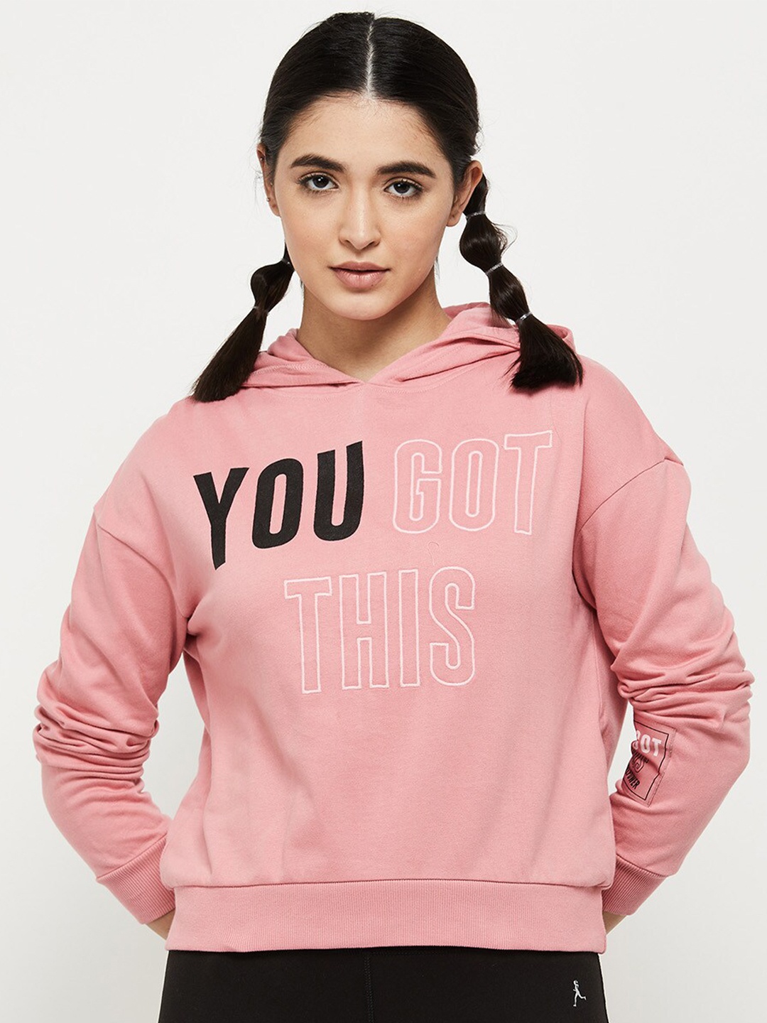 

max Women Pink Printed Cotton Hooded Pullover Sweatshirt