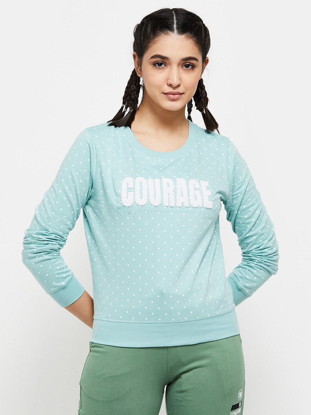 

max Women Green Printed Cotton Sweatshirt