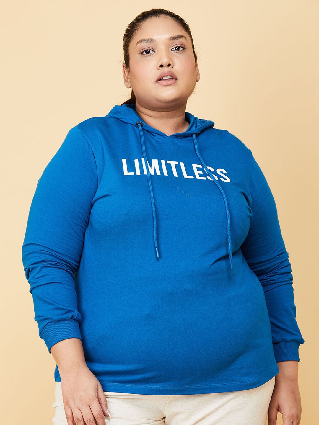

max Women Plus Size Blue Printed Hooded Pure Cotton Sweatshirt