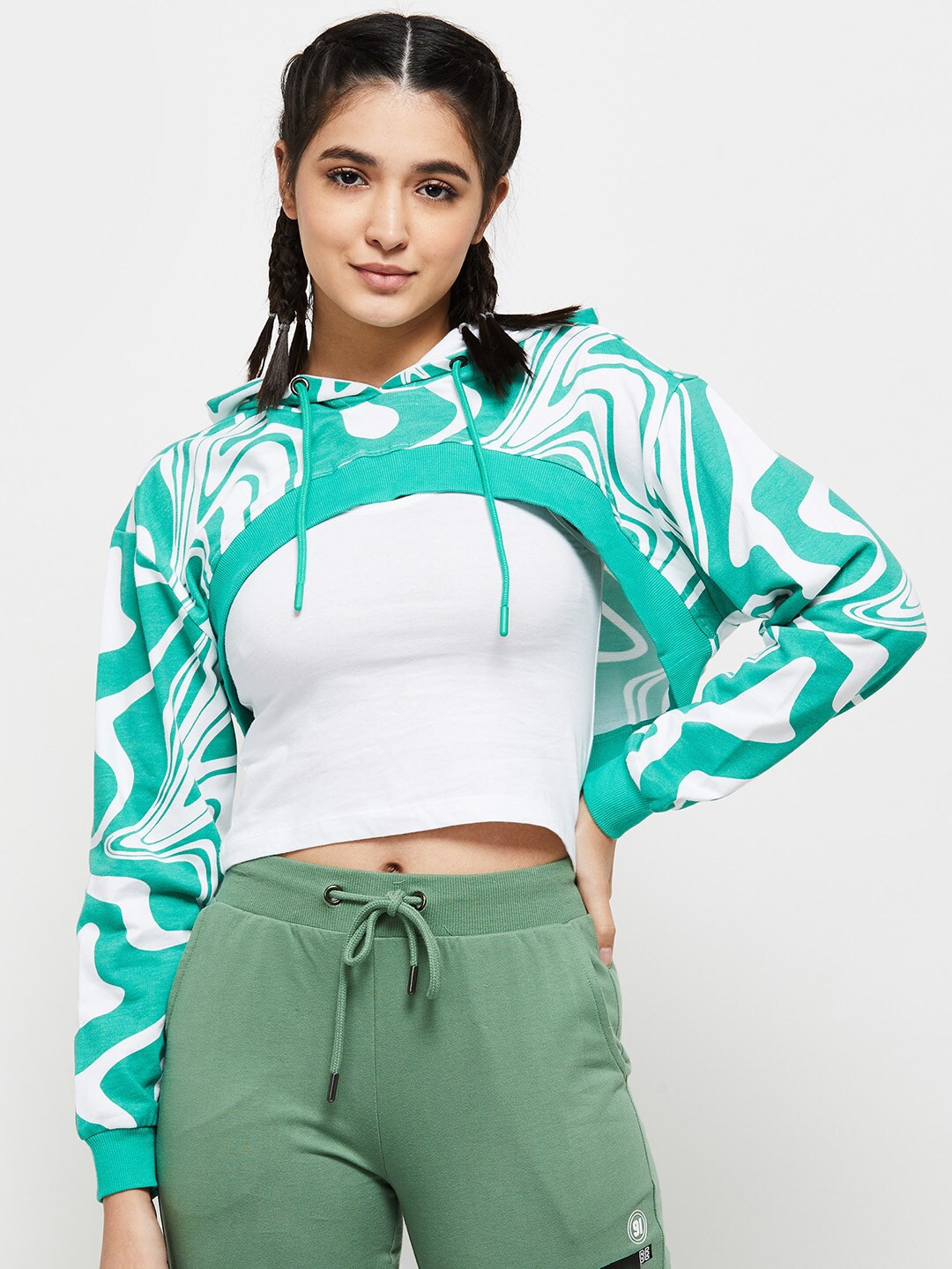 

max Women Green Printed Pure Cotton Sweatshirt