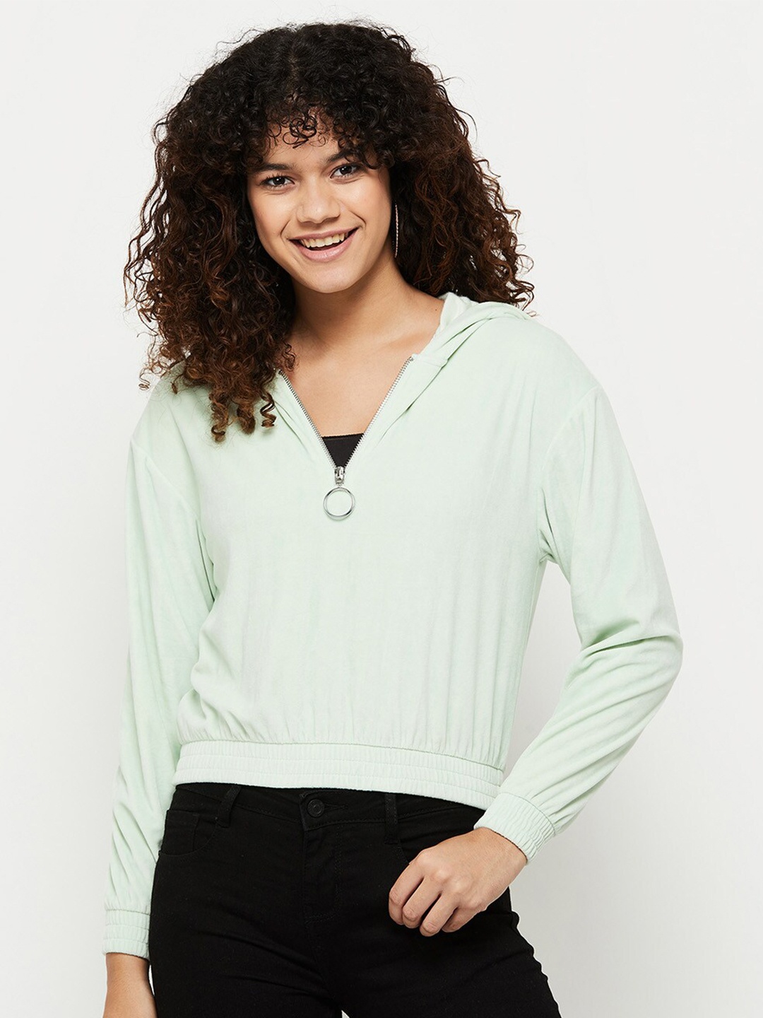 

Max Women Solid Half Zipper Sweatshirt, Green