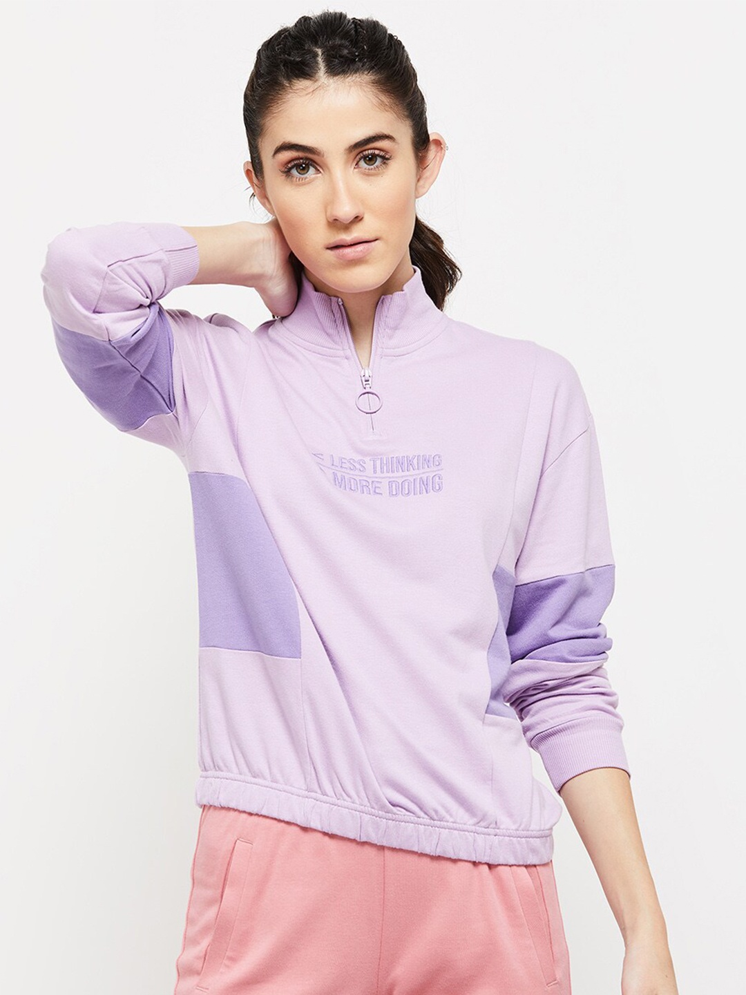 

Max Women Typography Printed Mock Collar Sweatshirt, Purple