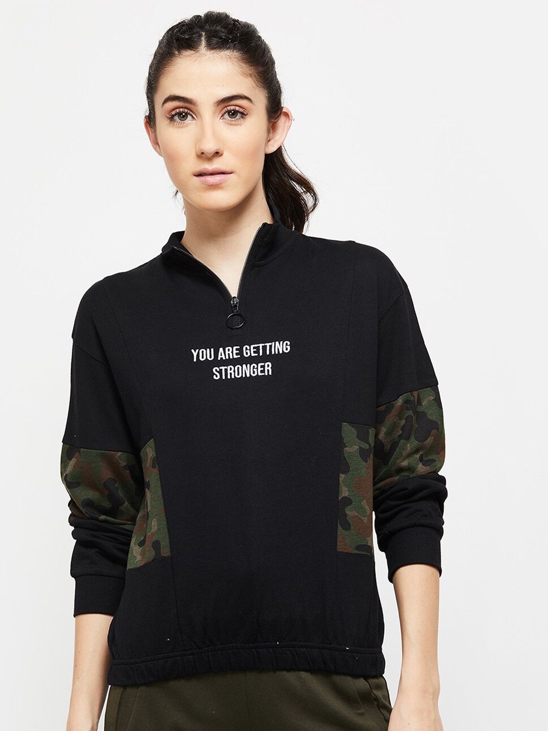 

Max Women Typography Printed Half Zipper Sweatshirt, Black