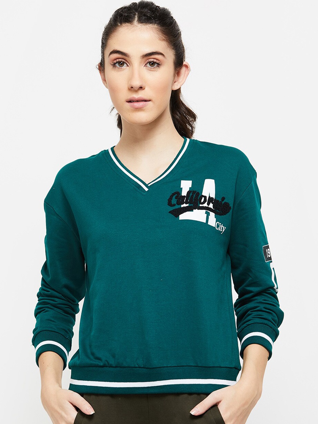 

Max Women Typography Printed V-neck Cotton Sweatshirt, Green