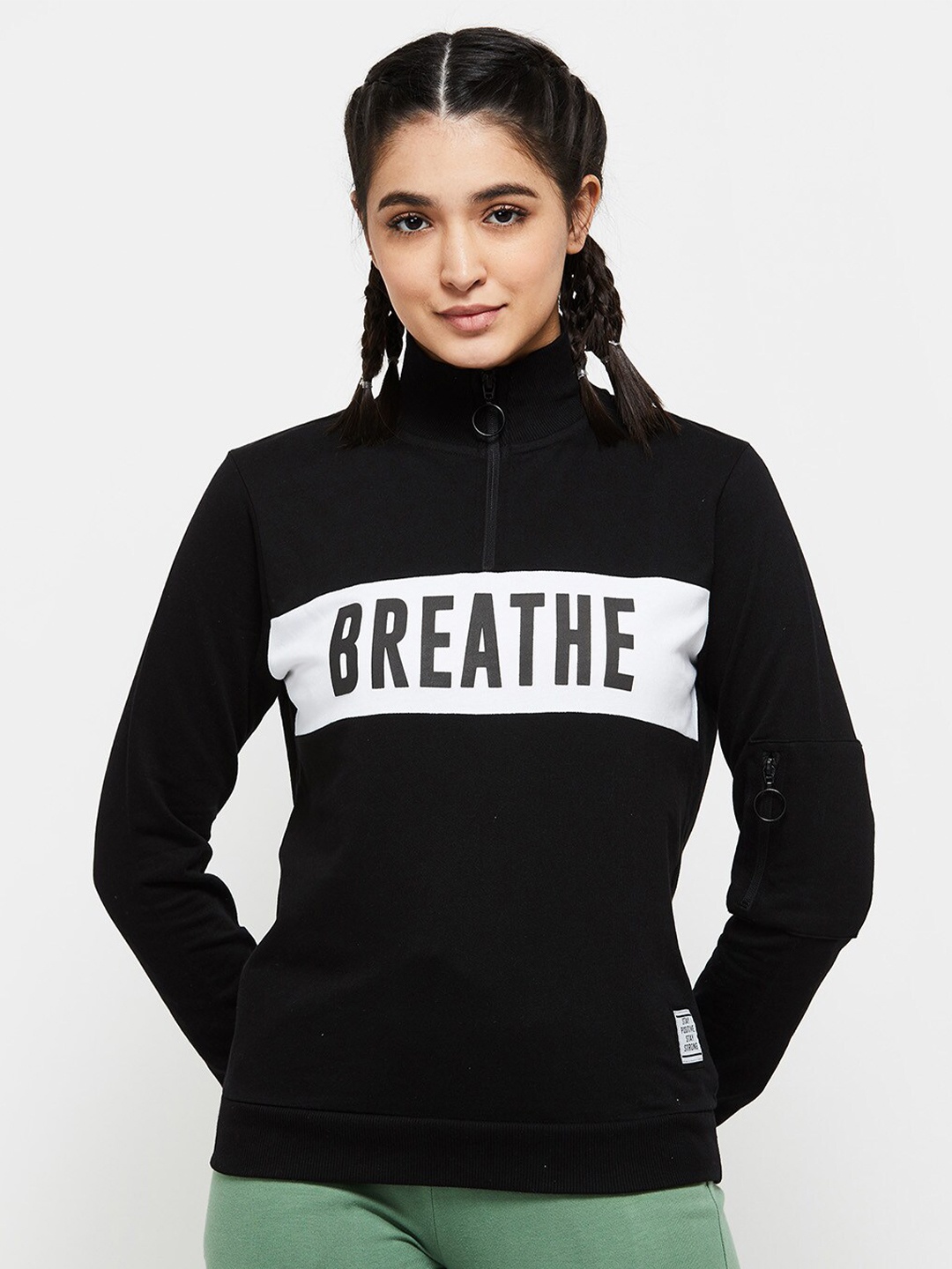 

Max Women Typography Printed Cotton Sweatshirt, Black