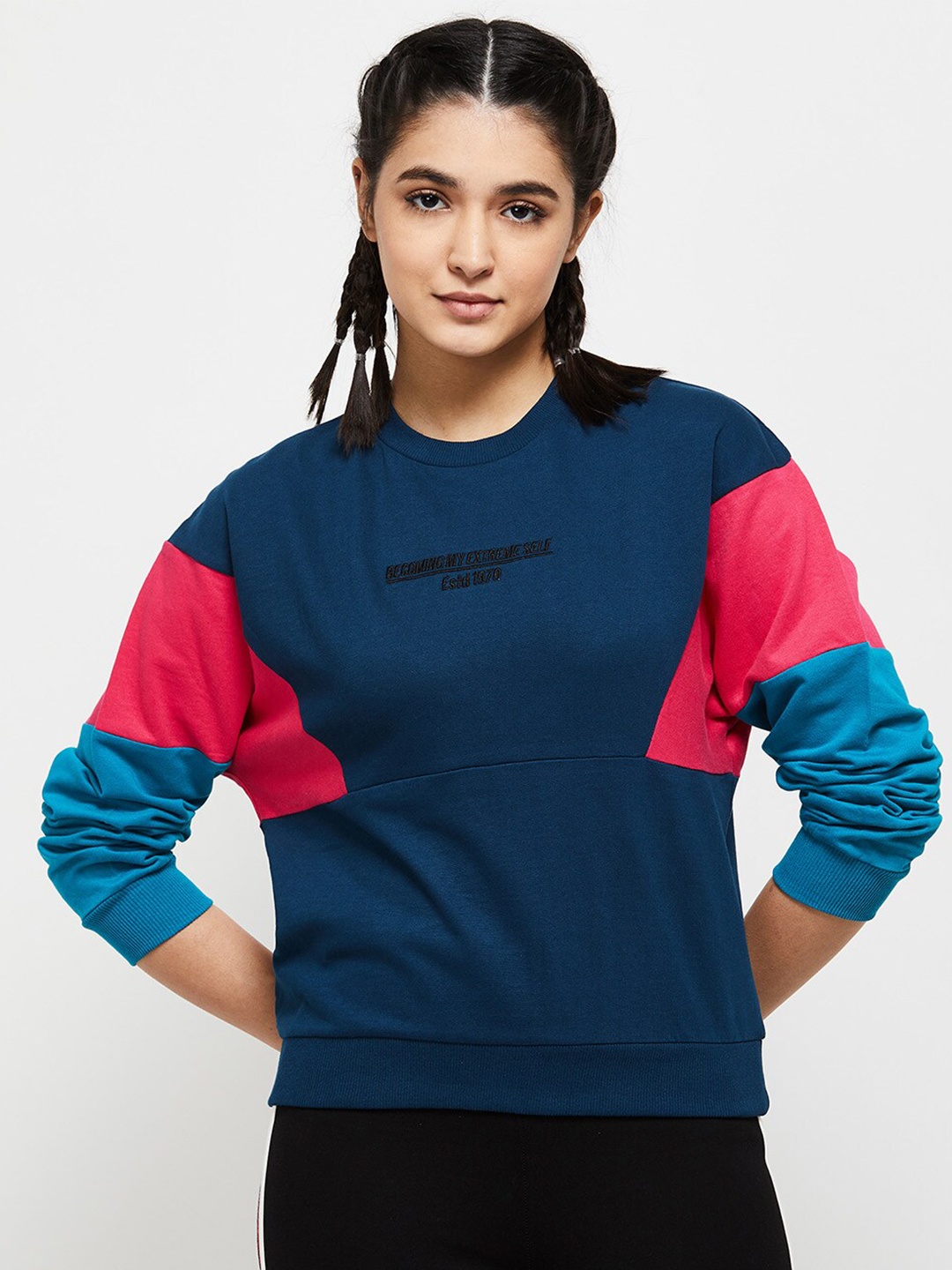 

max Women Solid Cotton Pullover Sweatshirt, Navy blue